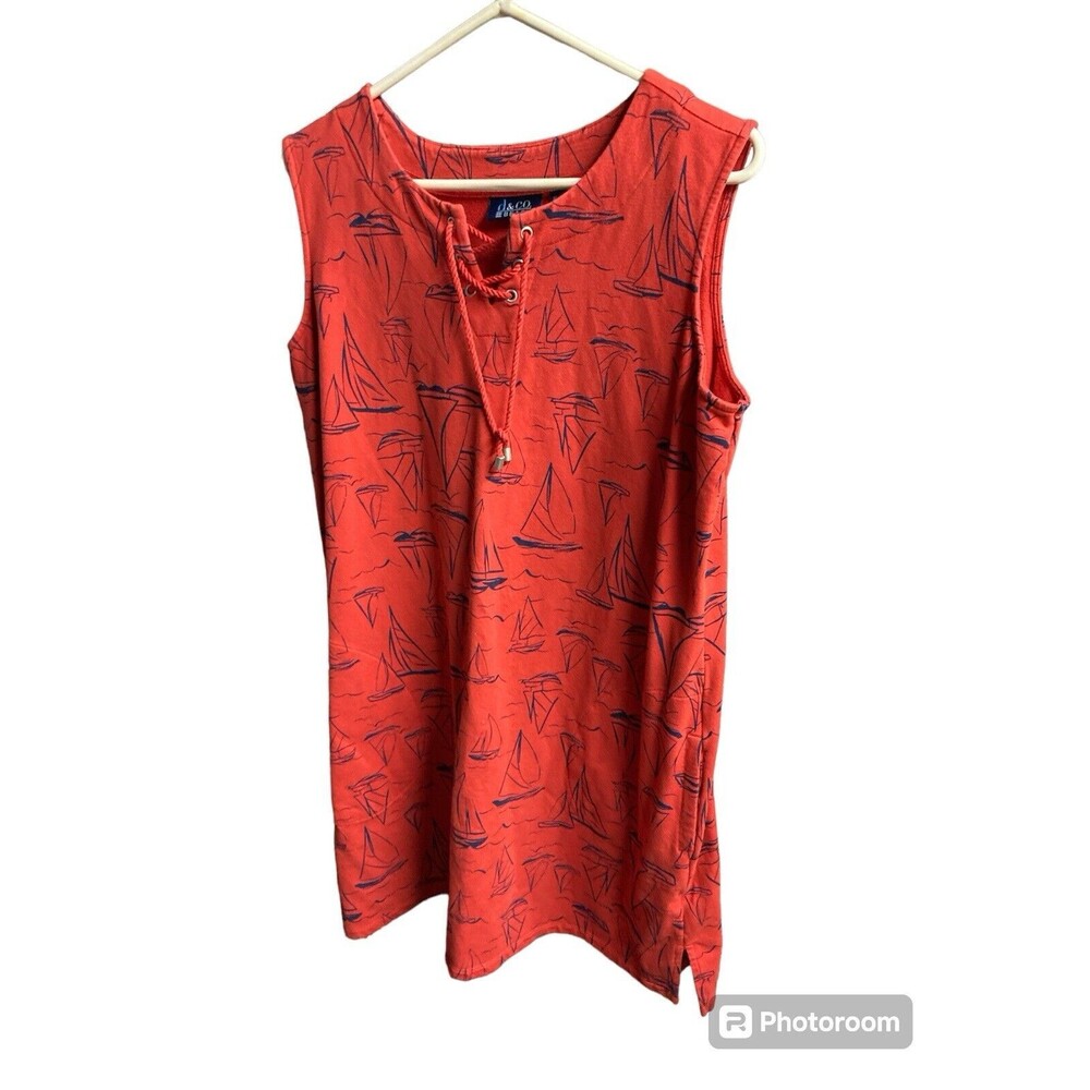 d & CO. BEACH Women's Size L One Piece Swim Dress Red/ Navy Sailboats Nautical